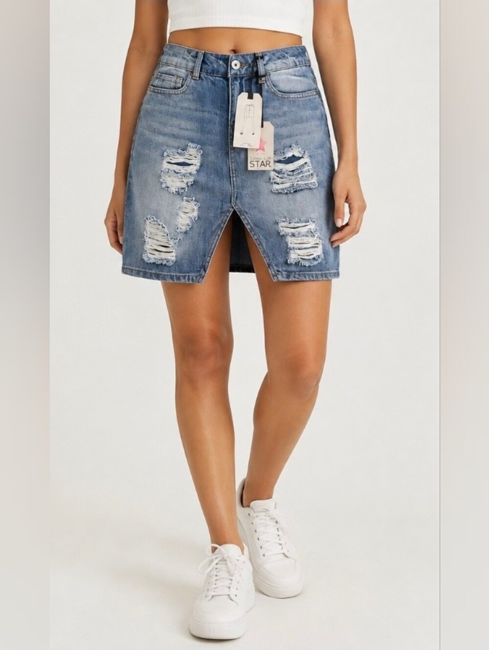 Vanilla Star | Distressed Denim Jean Mid Rise Pencil Skirt Size 3/4. NWT